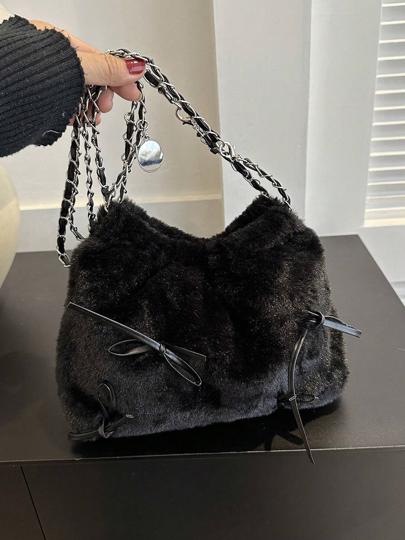 1pc Solid Color Bowknot Decor Pu Leather Women's Shoulder Bag shein