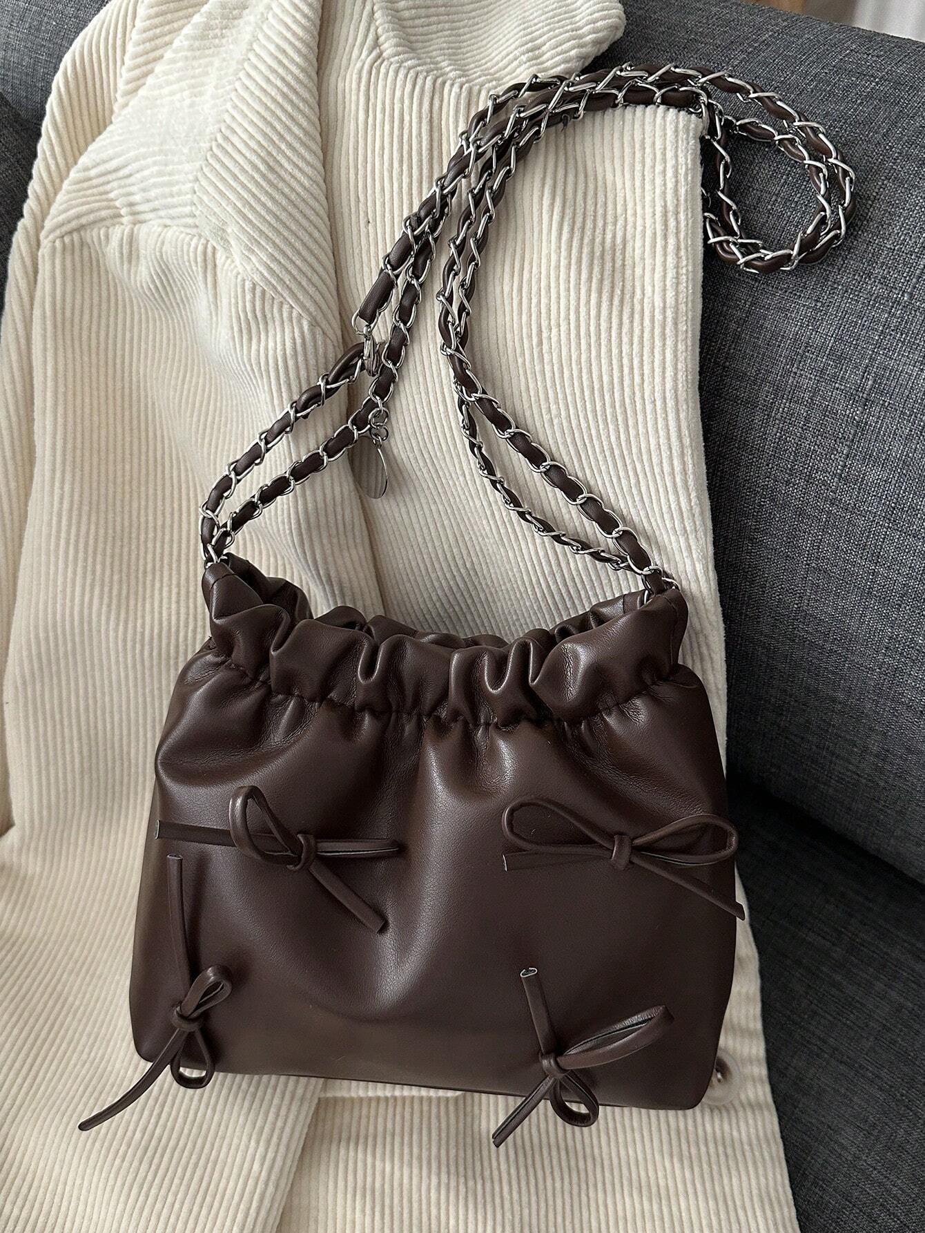 1pc Solid Color Bowknot Decor Pu Leather Women's Shoulder Bag shein