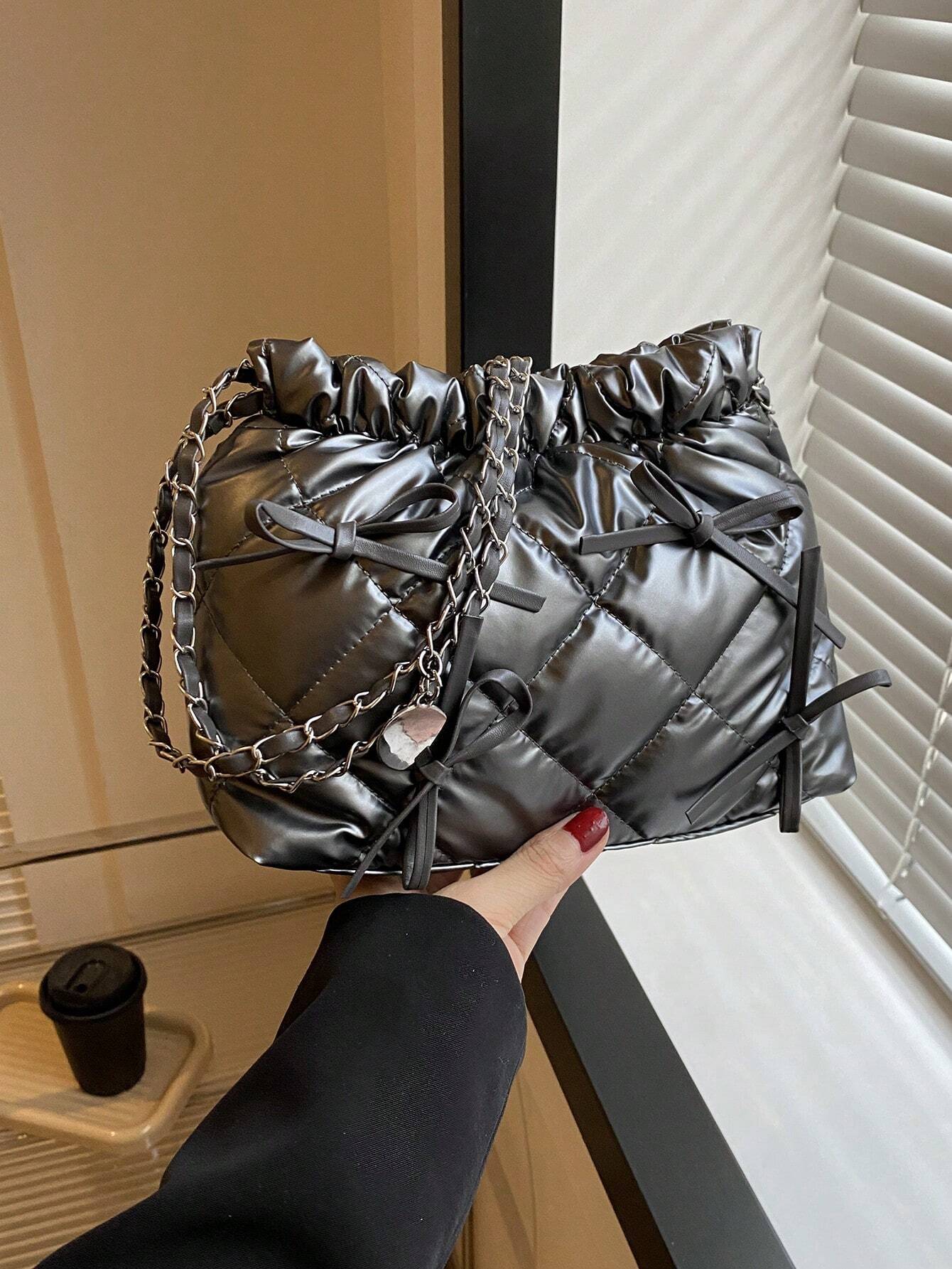 1pc Solid Color Bowknot Decor Pu Leather Women's Shoulder Bag shein