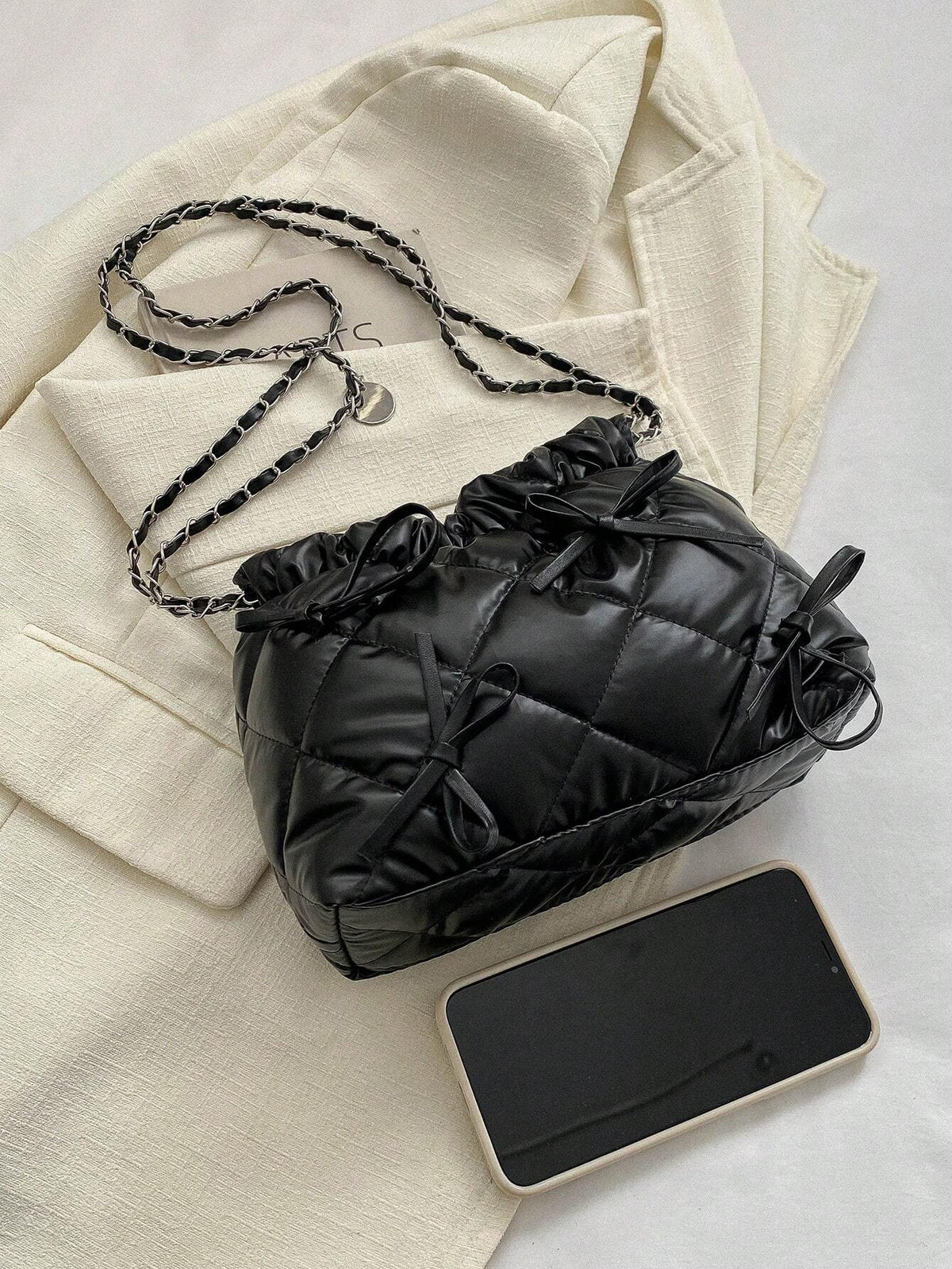 1pc Solid Color Bowknot Decor Pu Leather Women's Shoulder Bag shein
