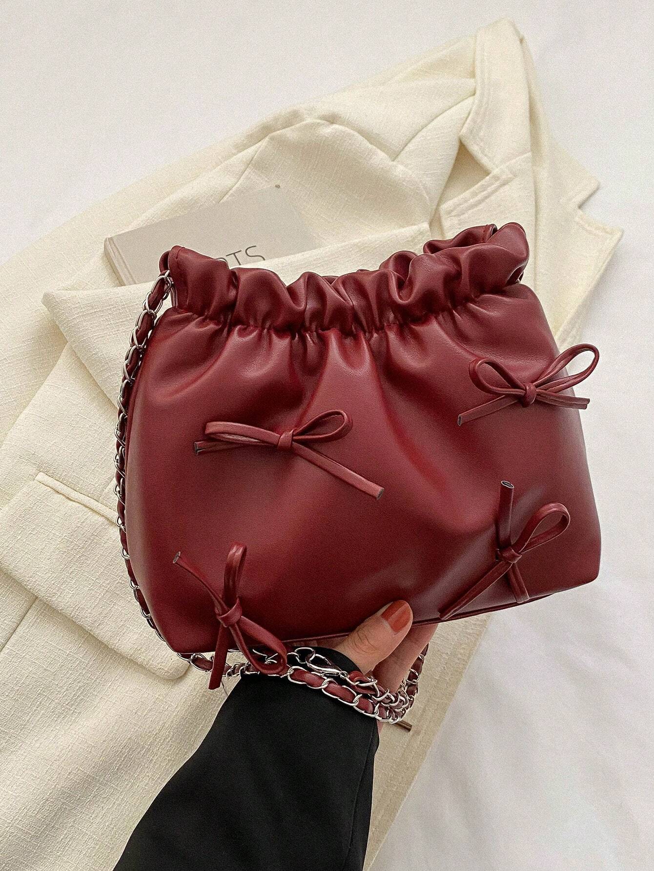 1pc Solid Color Bowknot Decor Pu Leather Women's Shoulder Bag shein