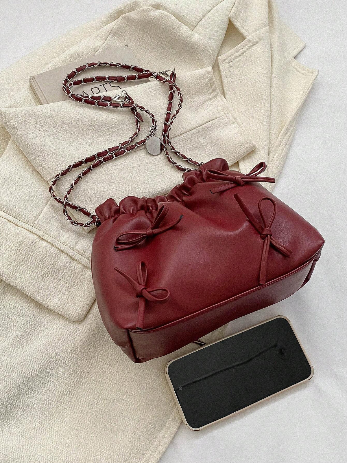 1pc Solid Color Bowknot Decor Pu Leather Women's Shoulder Bag shein