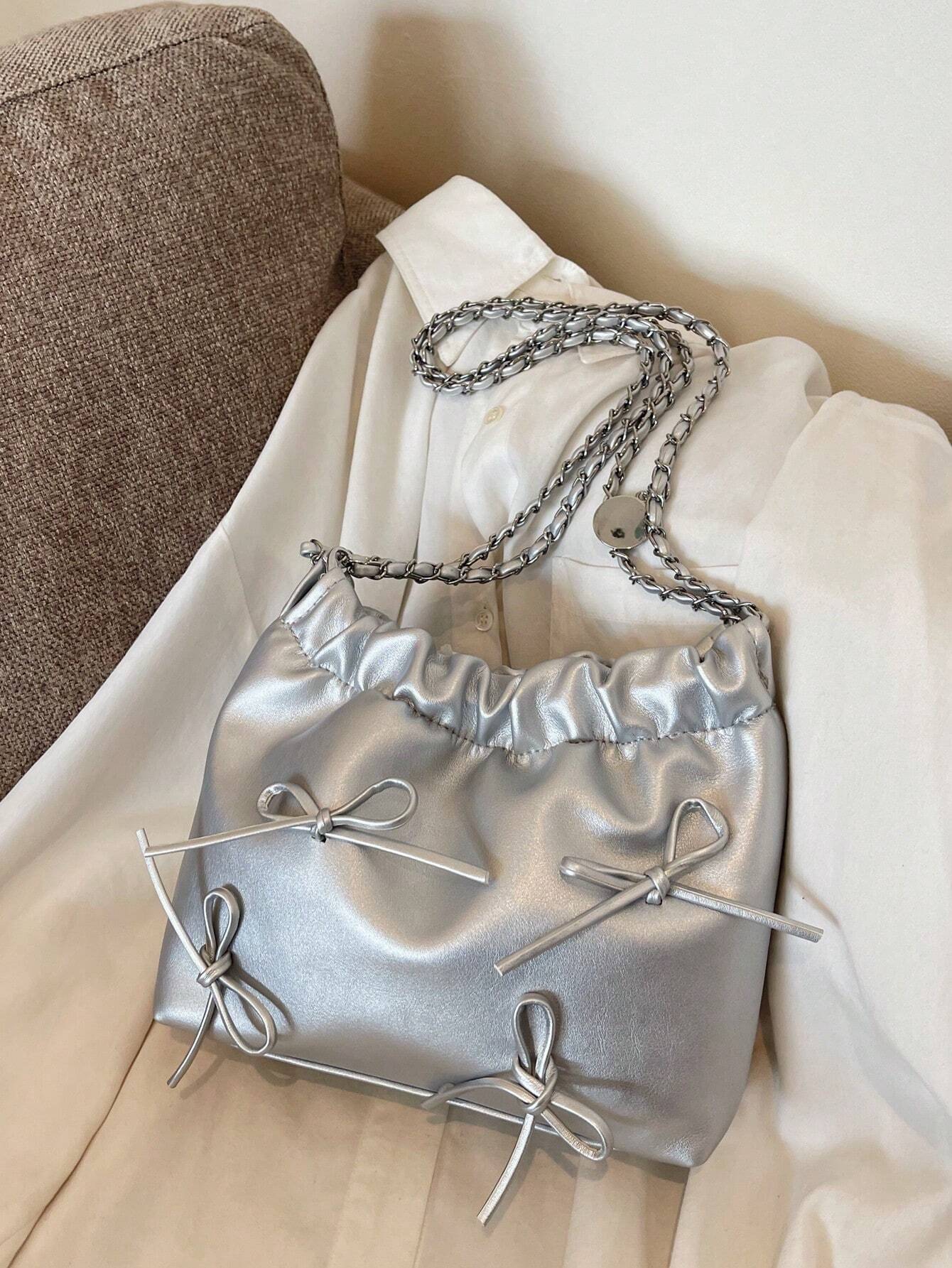 1pc Solid Color Bowknot Decor Pu Leather Women's Shoulder Bag shein