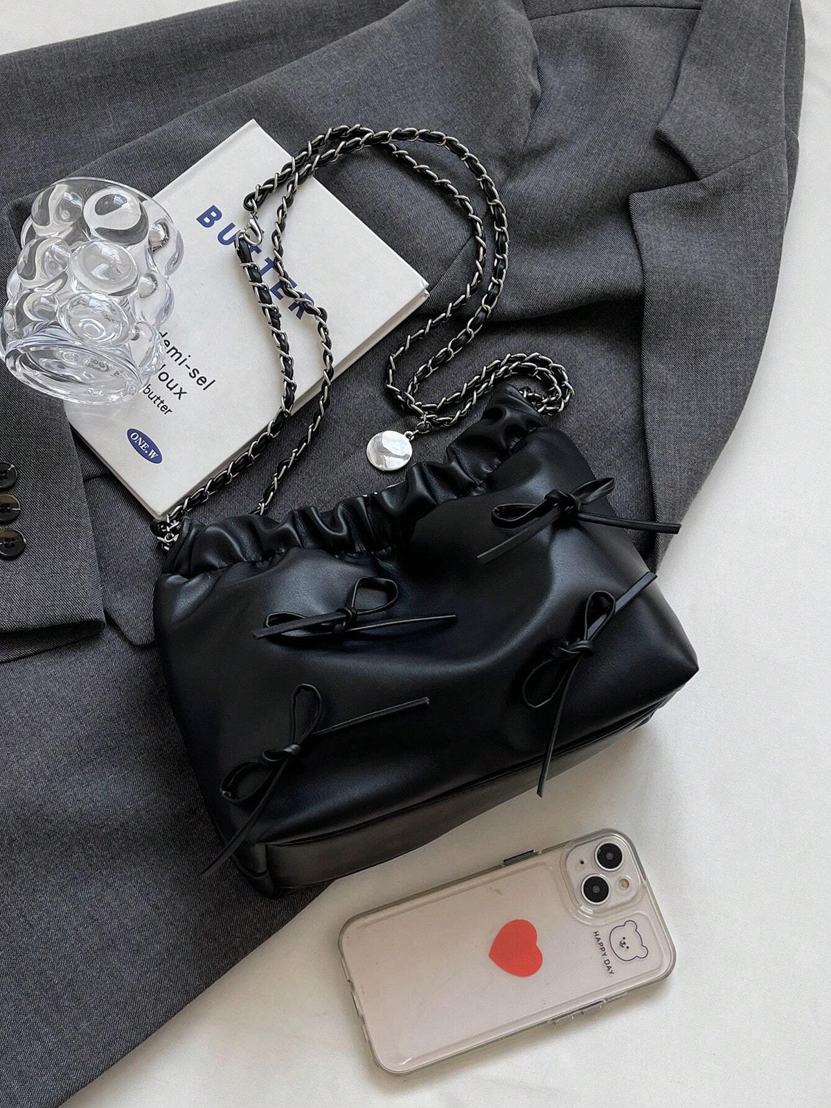 1pc Solid Color Bowknot Decor Pu Leather Women's Shoulder Bag shein