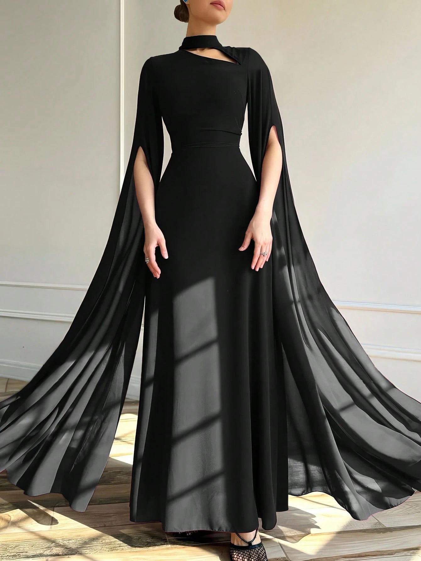 1pc Elegant Brown Evening Long Dress With Cape Sleeve & Lace-Up Back