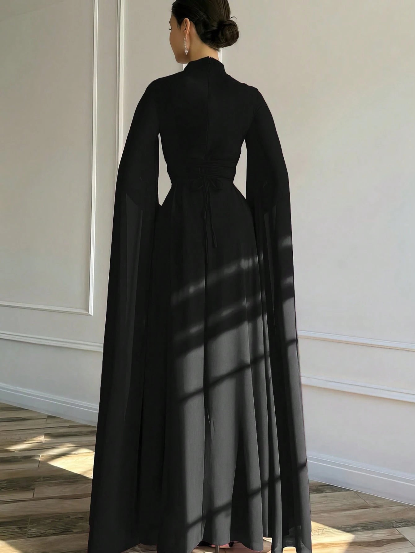 1pc Elegant Brown Evening Long Dress With Cape Sleeve & Lace-Up Back shein