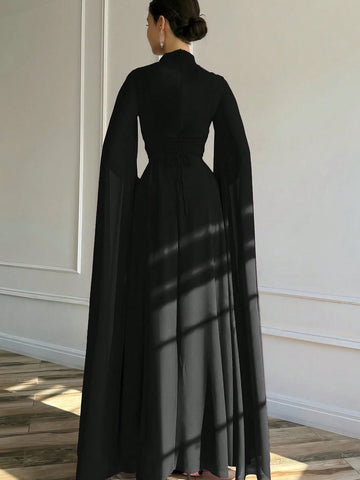 1pc Elegant Brown Evening Long Dress With Cape Sleeve & Lace-Up Back