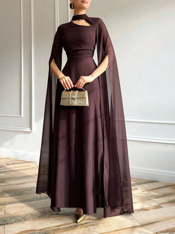 1pc Elegant Brown Evening Long Dress With Cape Sleeve & Lace-Up Back