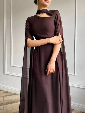 1pc Elegant Brown Evening Long Dress With Cape Sleeve & Lace-Up Back