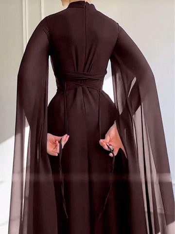 1pc Elegant Brown Evening Long Dress With Cape Sleeve & Lace-Up Back