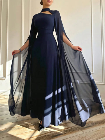 1pc Elegant Brown Evening Long Dress With Cape Sleeve & Lace-Up Back