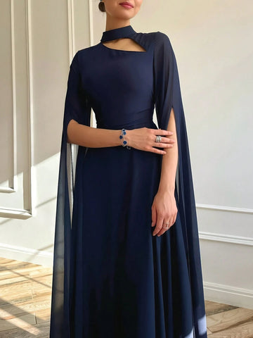 1pc Elegant Brown Evening Long Dress With Cape Sleeve & Lace-Up Back
