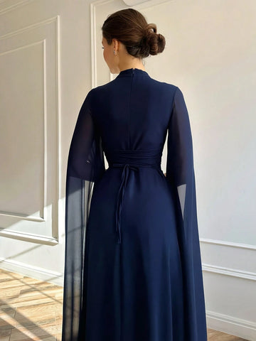 1pc Elegant Brown Evening Long Dress With Cape Sleeve & Lace-Up Back