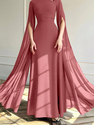1pc Elegant Brown Evening Long Dress With Cape Sleeve & Lace-Up Back
