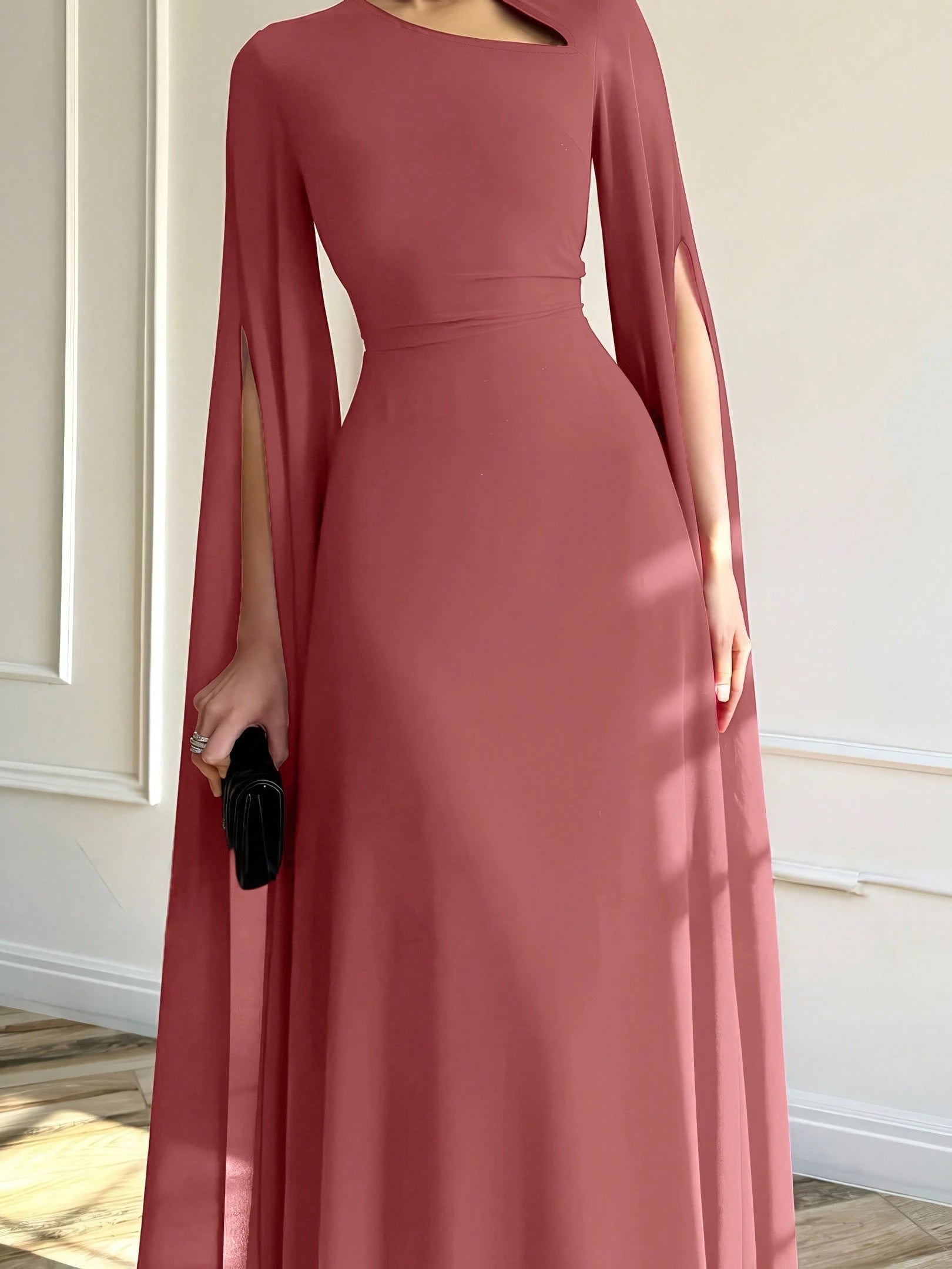 1pc Elegant Brown Evening Long Dress With Cape Sleeve & Lace-Up Back