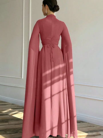 1pc Elegant Brown Evening Long Dress With Cape Sleeve & Lace-Up Back