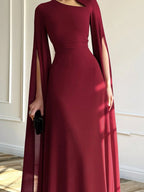 1pc Elegant Brown Evening Long Dress With Cape Sleeve & Lace-Up Back shein