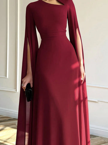 1pc Elegant Brown Evening Long Dress With Cape Sleeve & Lace-Up Back