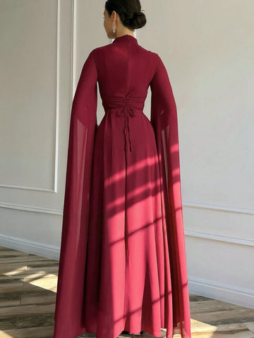 1pc Elegant Brown Evening Long Dress With Cape Sleeve & Lace-Up Back