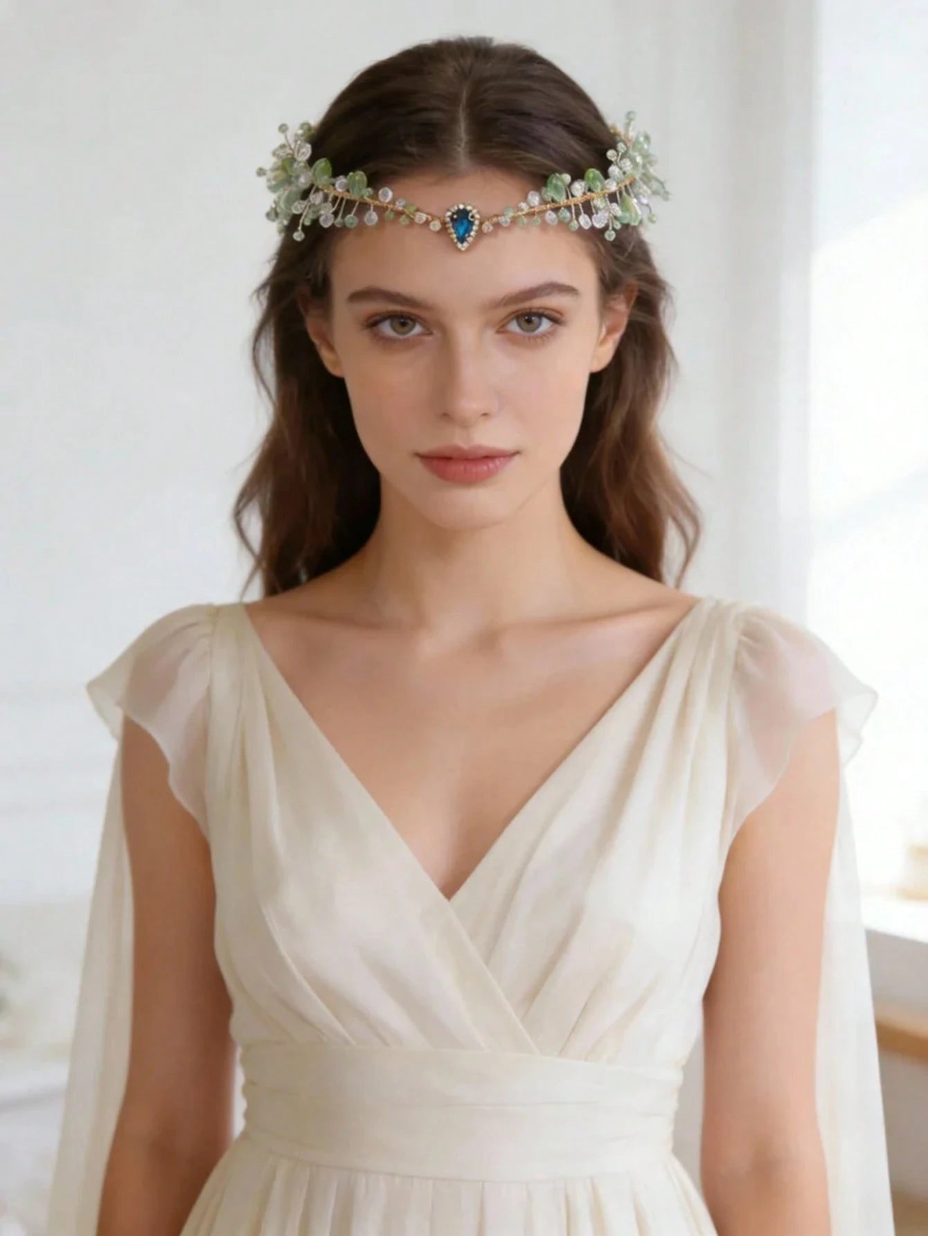 1pc Women's Forest Fairy Lavender & Green Crystal Hair Accessory With Leaves Decor shein