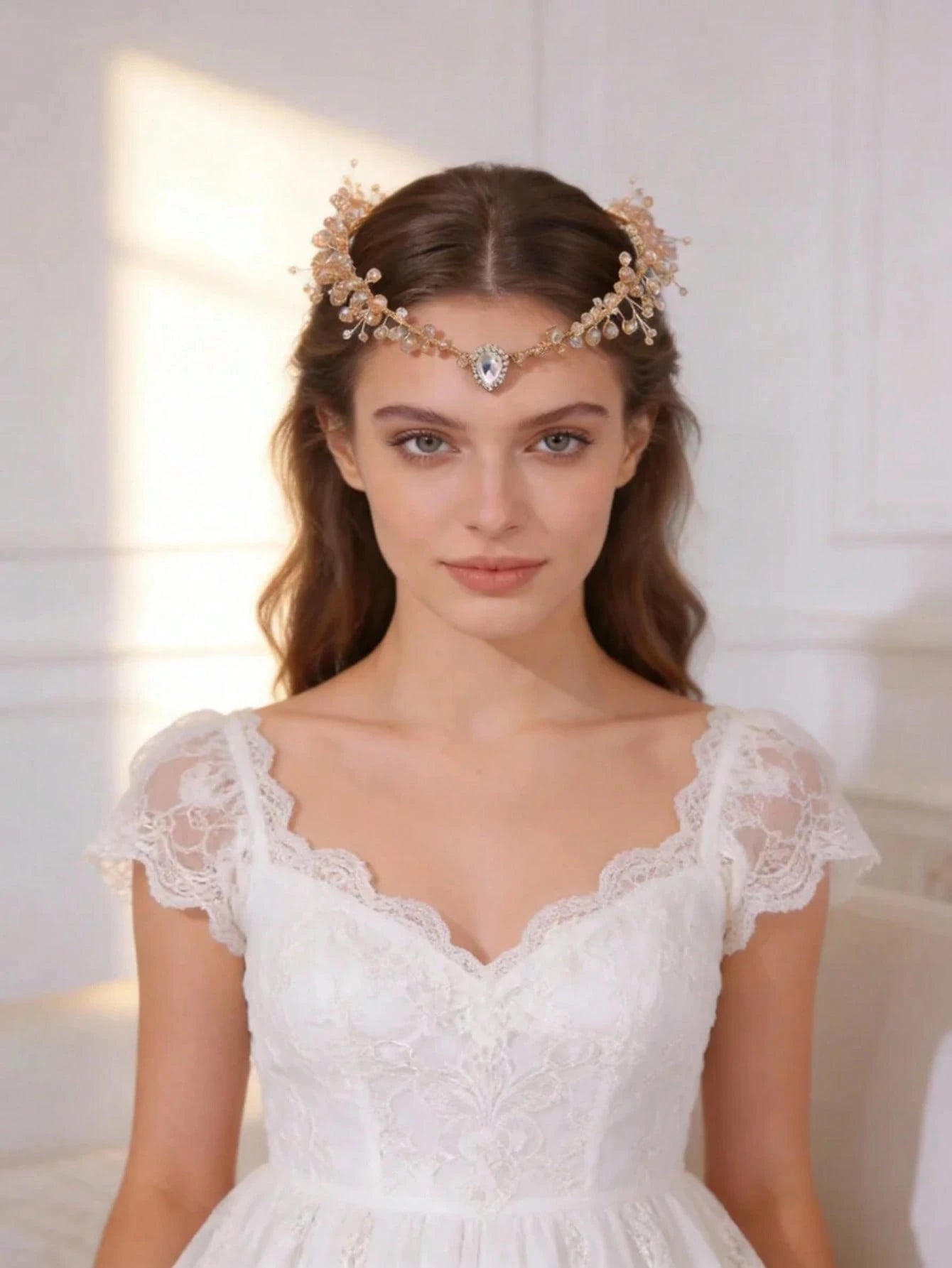 1pc Women's Forest Fairy Lavender & Green Crystal Hair Accessory With Leaves Decor shein