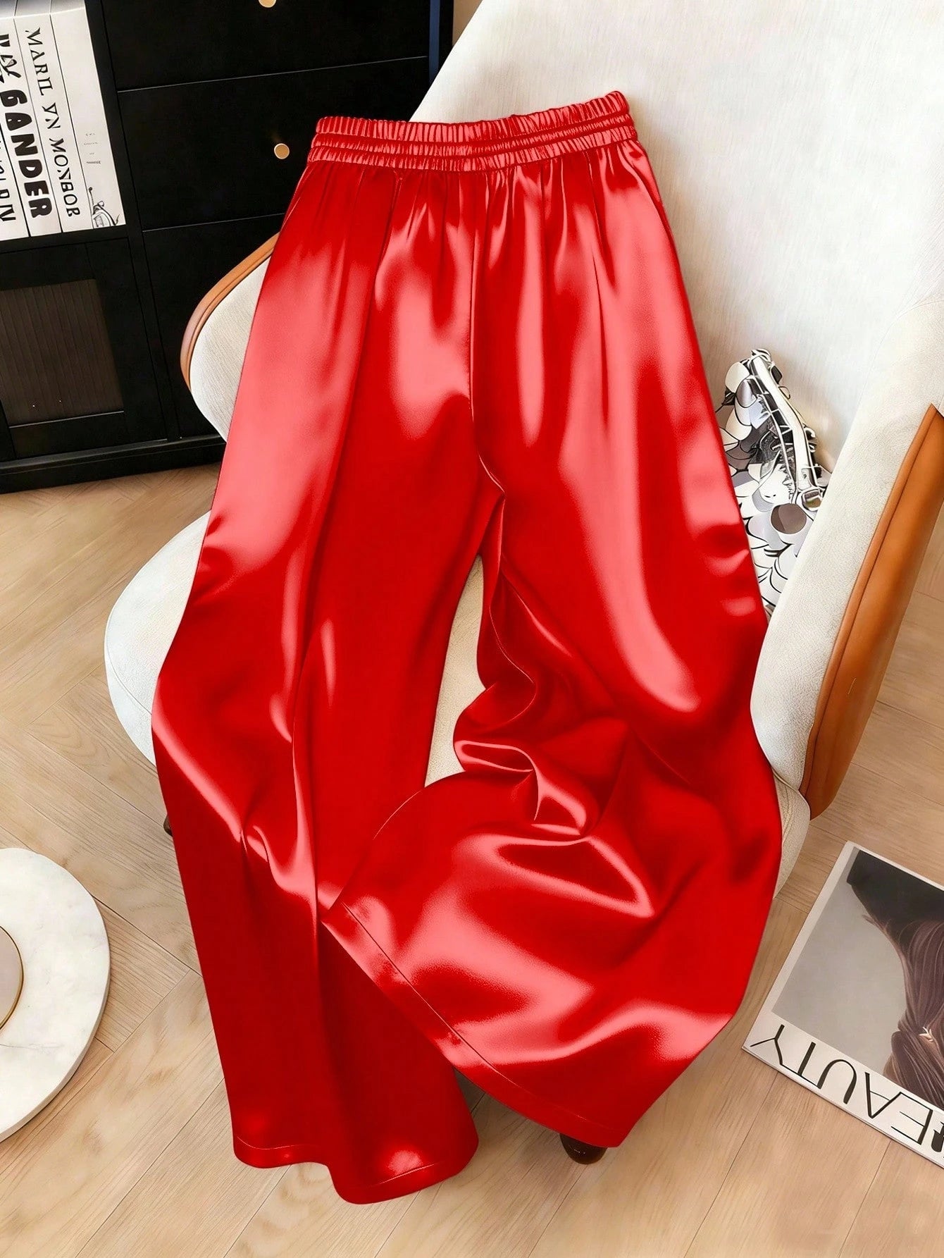 1pc Solid Color Woven Fabric Drawstring Waist Pants