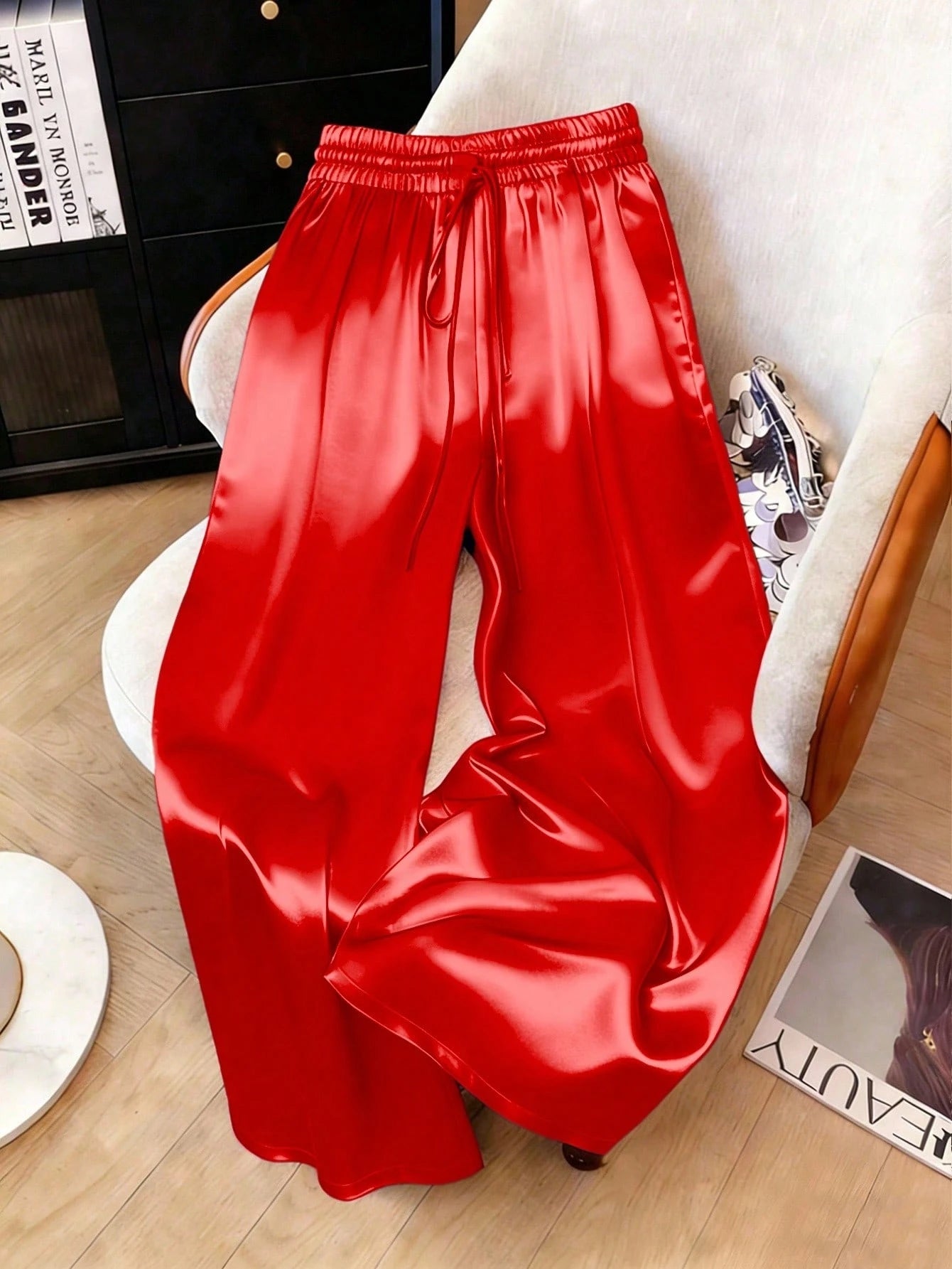 1pc Solid Color Woven Fabric Drawstring Waist Pants