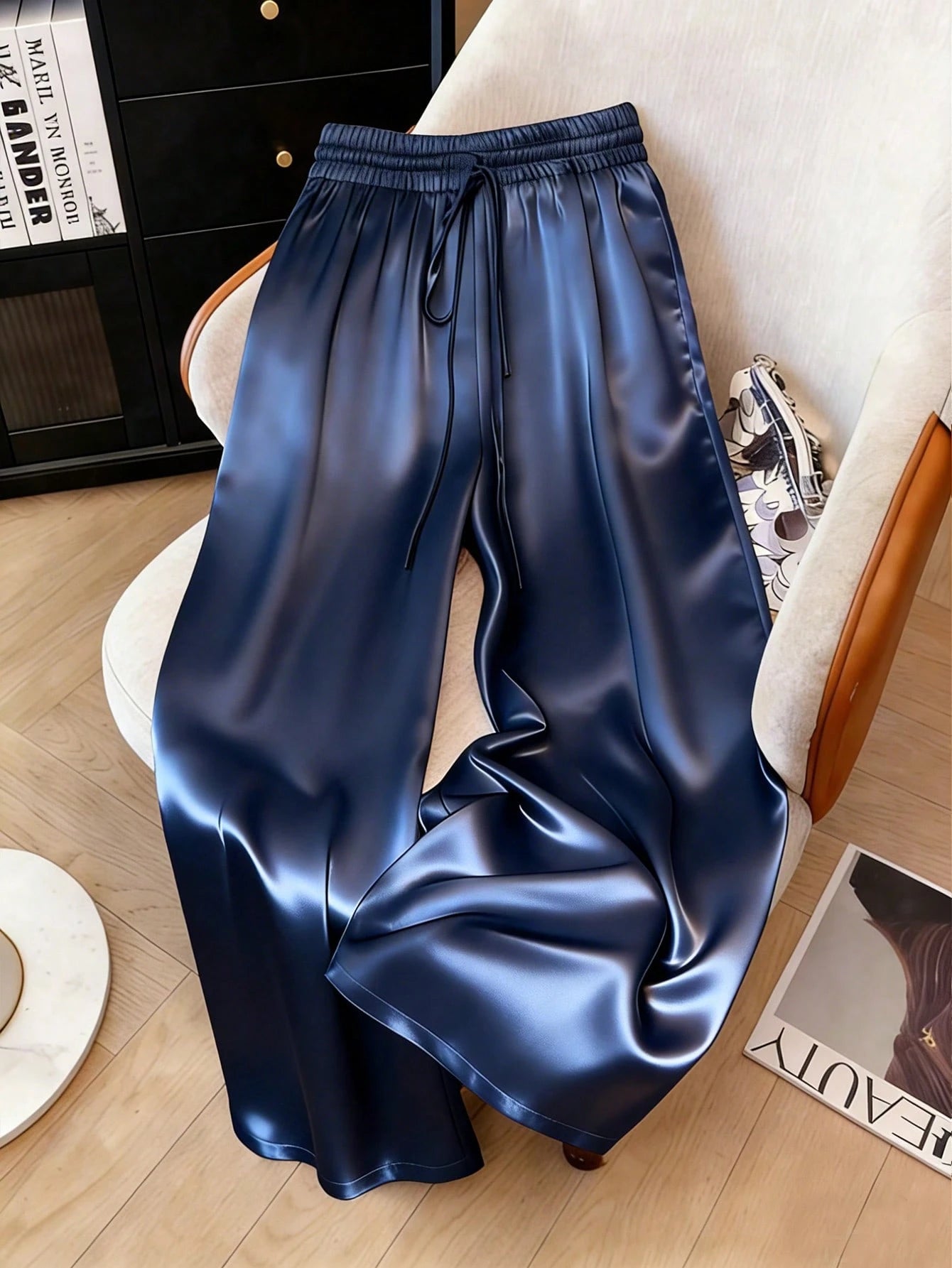 1pc Solid Color Woven Fabric Drawstring Waist Pants