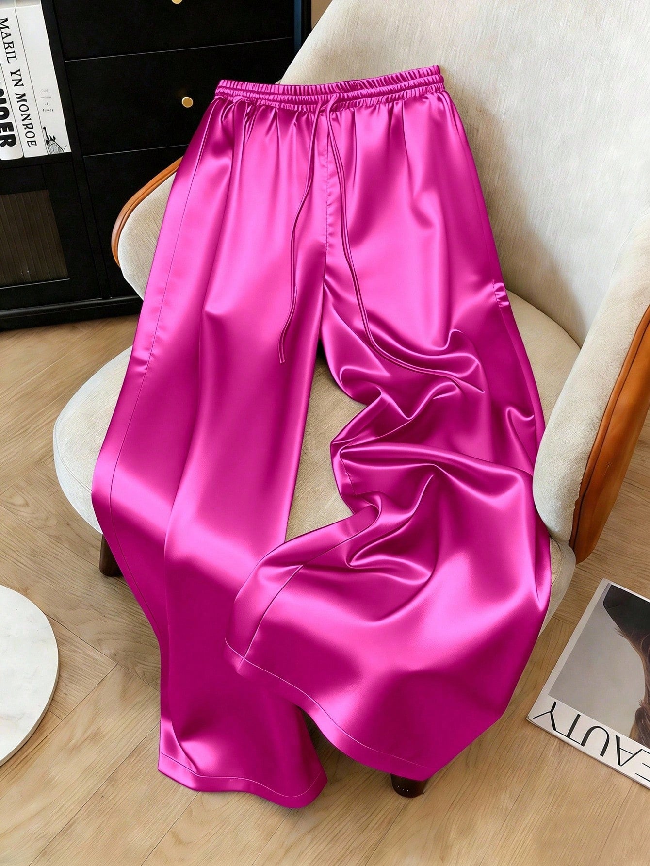 1pc Solid Color Woven Fabric Drawstring Waist Pants