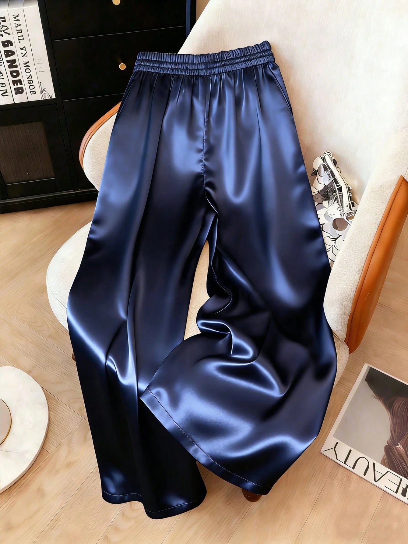 1pc Solid Color Woven Fabric Drawstring Waist Pants