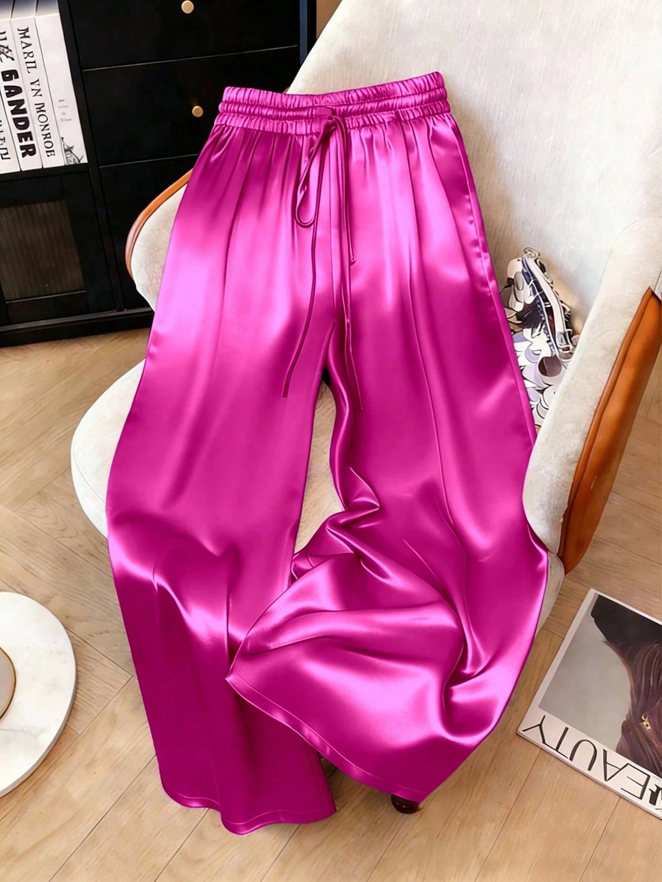 1pc Solid Color Woven Fabric Drawstring Waist Pants