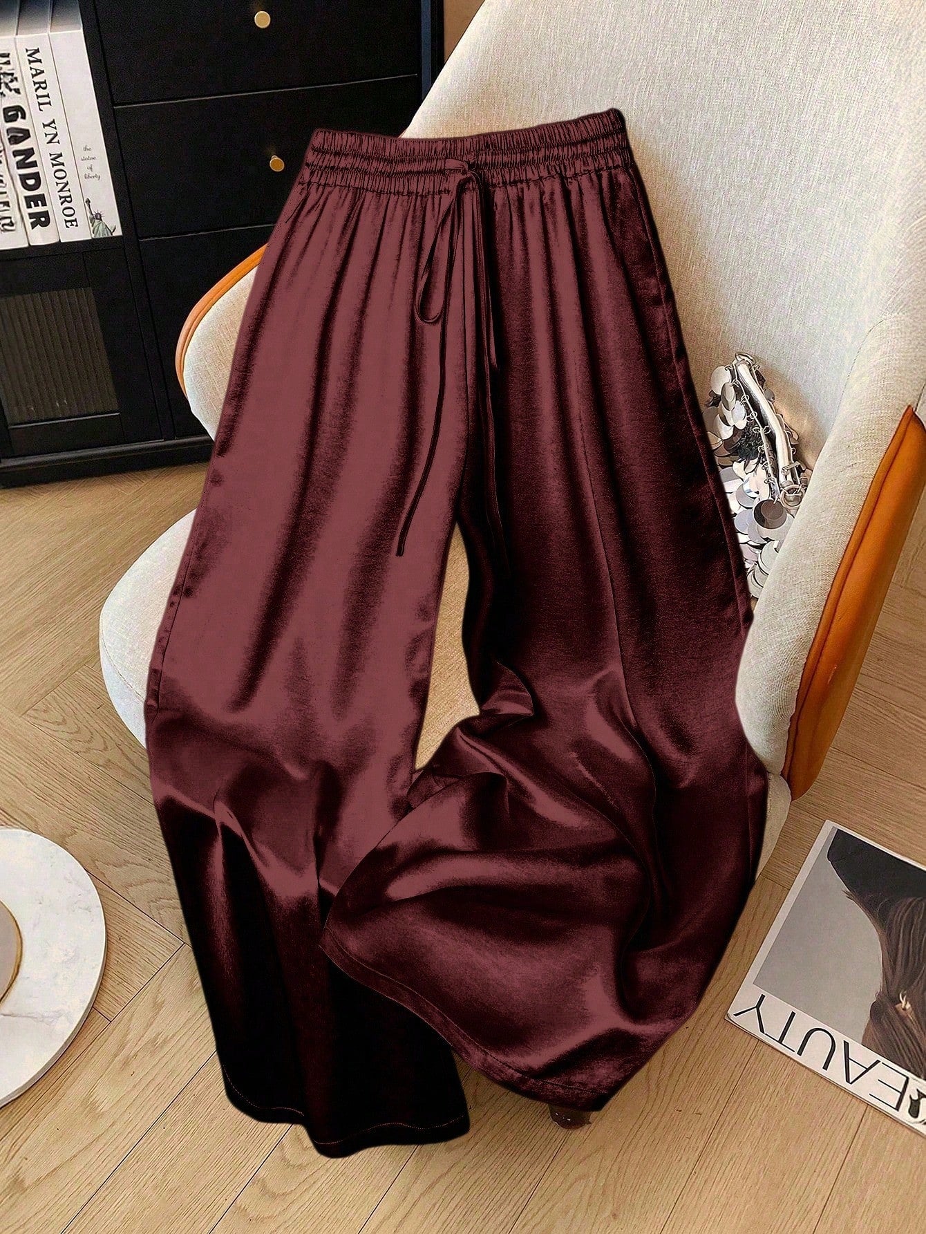 1pc Solid Color Woven Fabric Drawstring Waist Pants