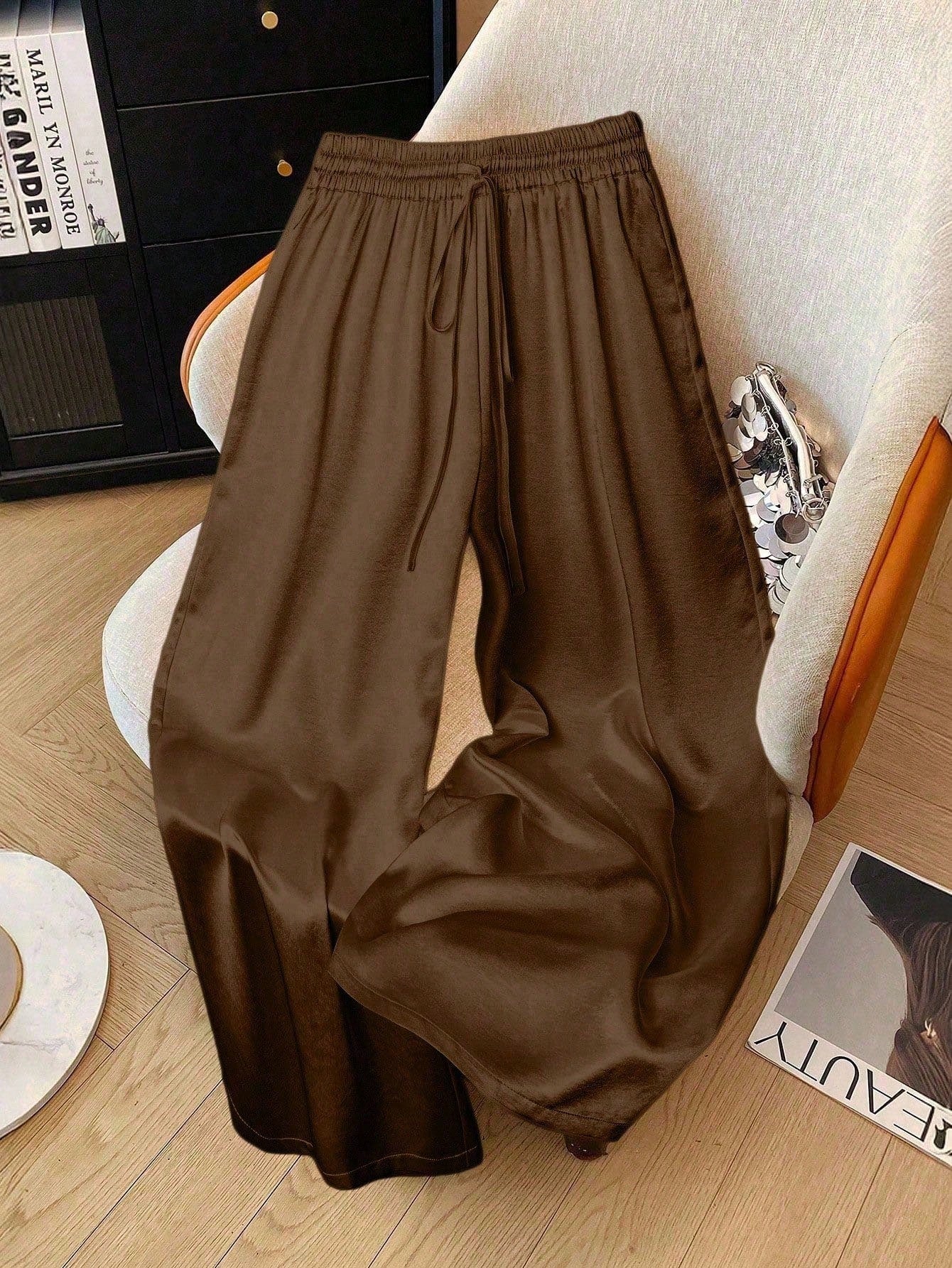 1pc Solid Color Woven Fabric Drawstring Waist Pants