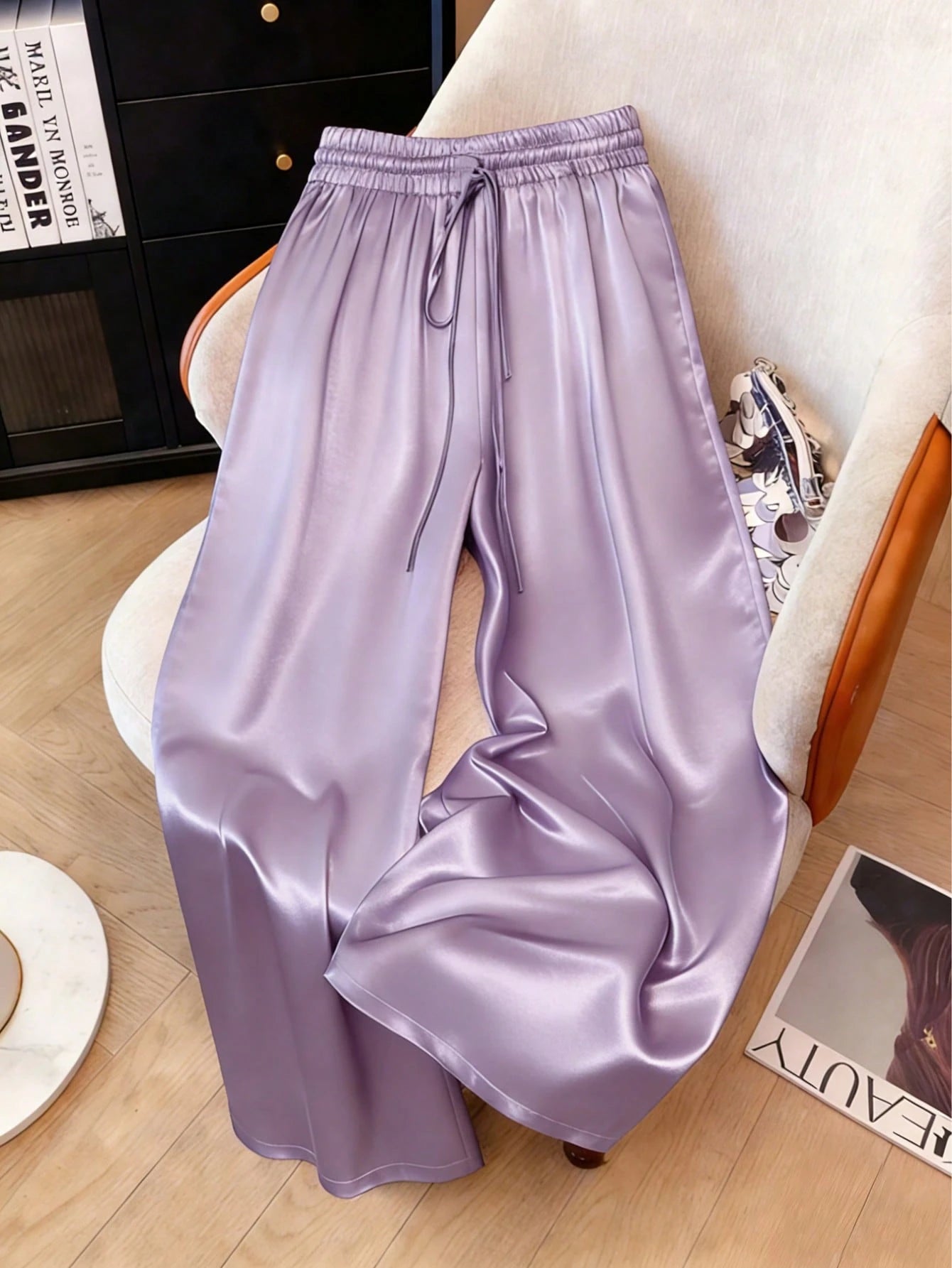 1pc Solid Color Woven Fabric Drawstring Waist Pants