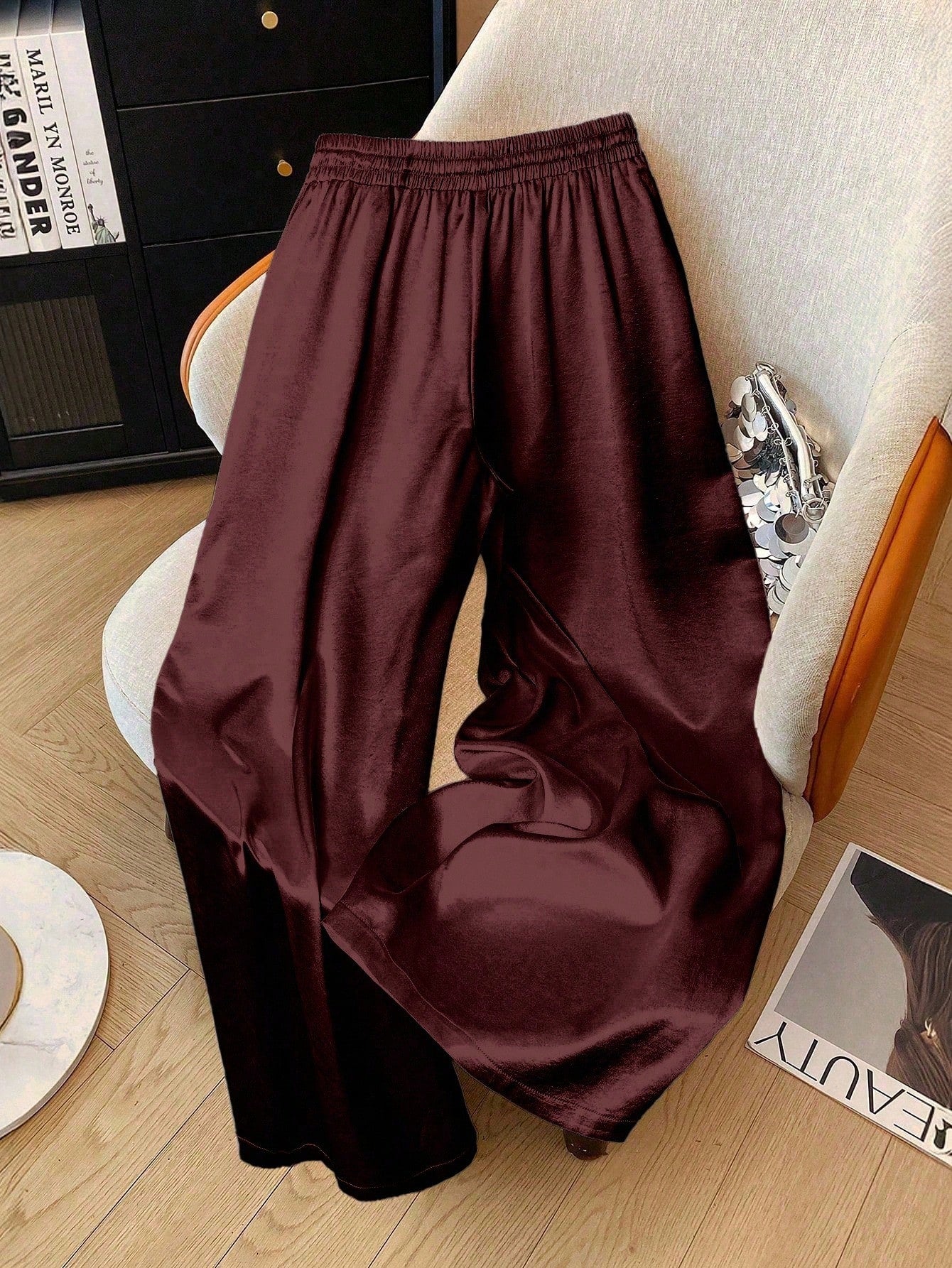 1pc Solid Color Woven Fabric Drawstring Waist Pants