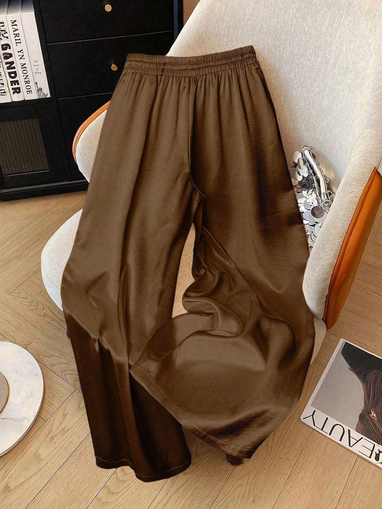 1pc Solid Color Woven Fabric Drawstring Waist Pants