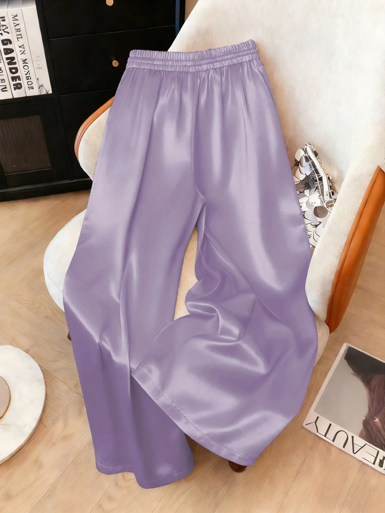 1pc Solid Color Woven Fabric Drawstring Waist Pants