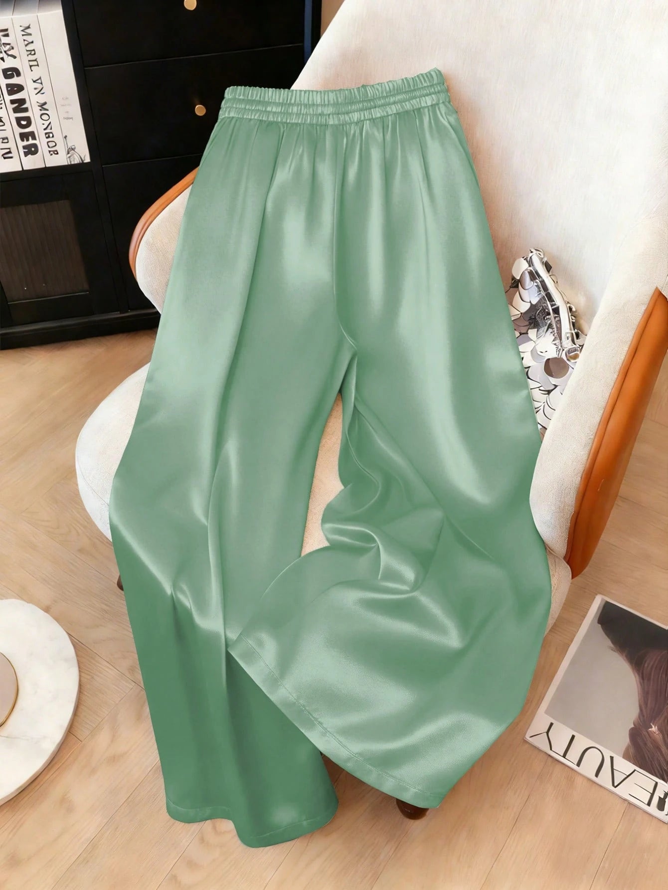 1pc Solid Color Woven Fabric Drawstring Waist Pants