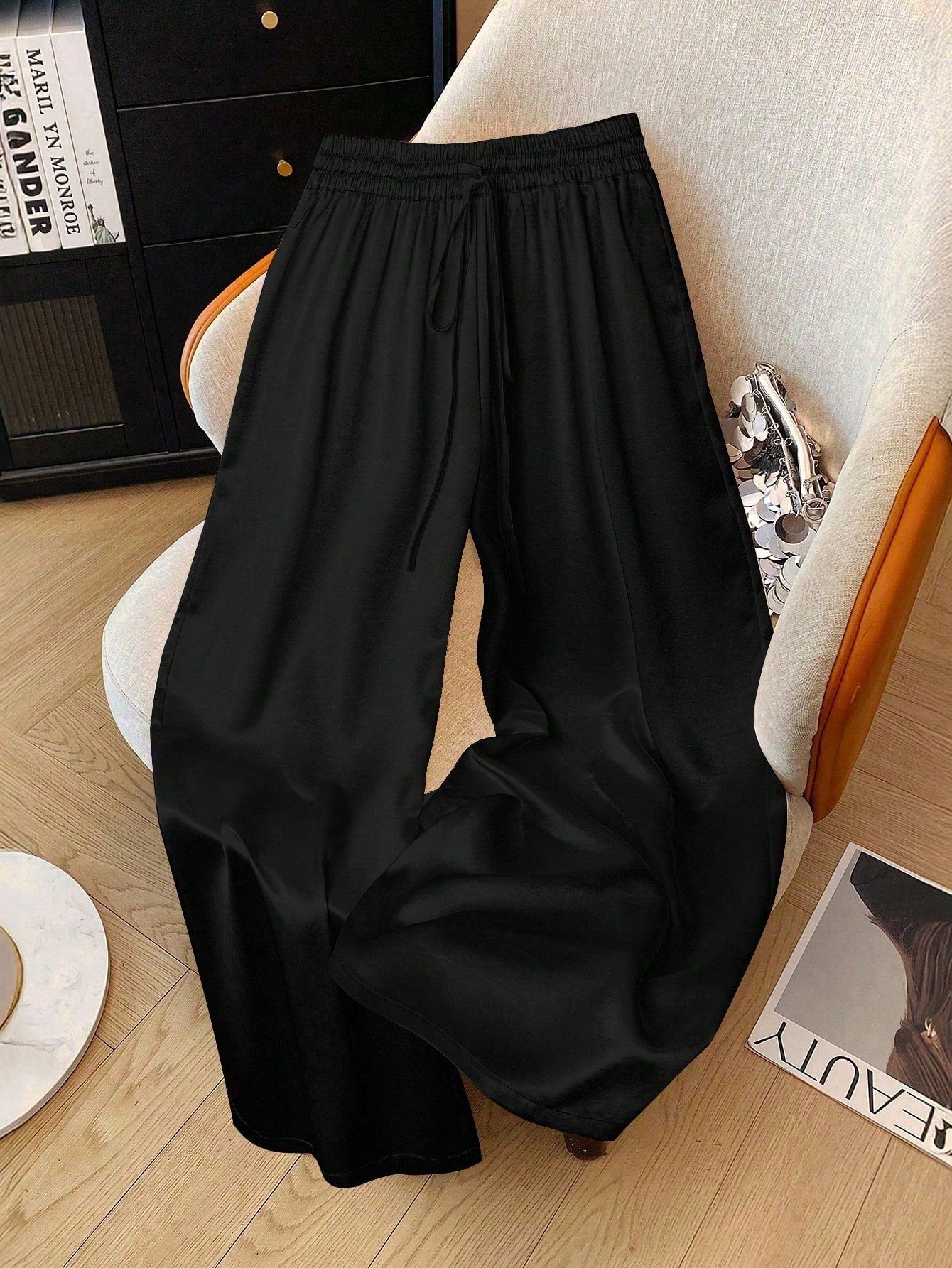 1pc Solid Color Woven Fabric Drawstring Waist Pants