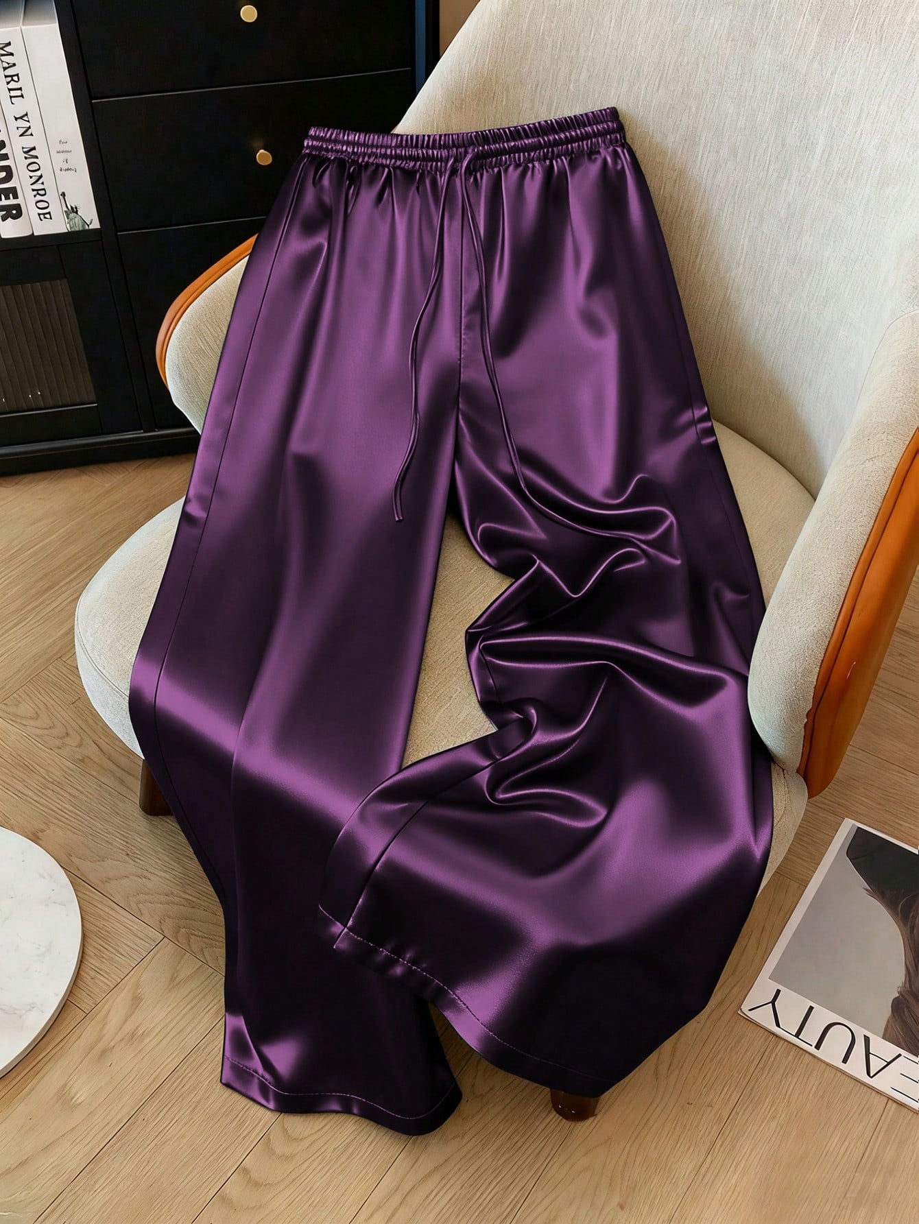 1pc Solid Color Woven Fabric Drawstring Waist Pants