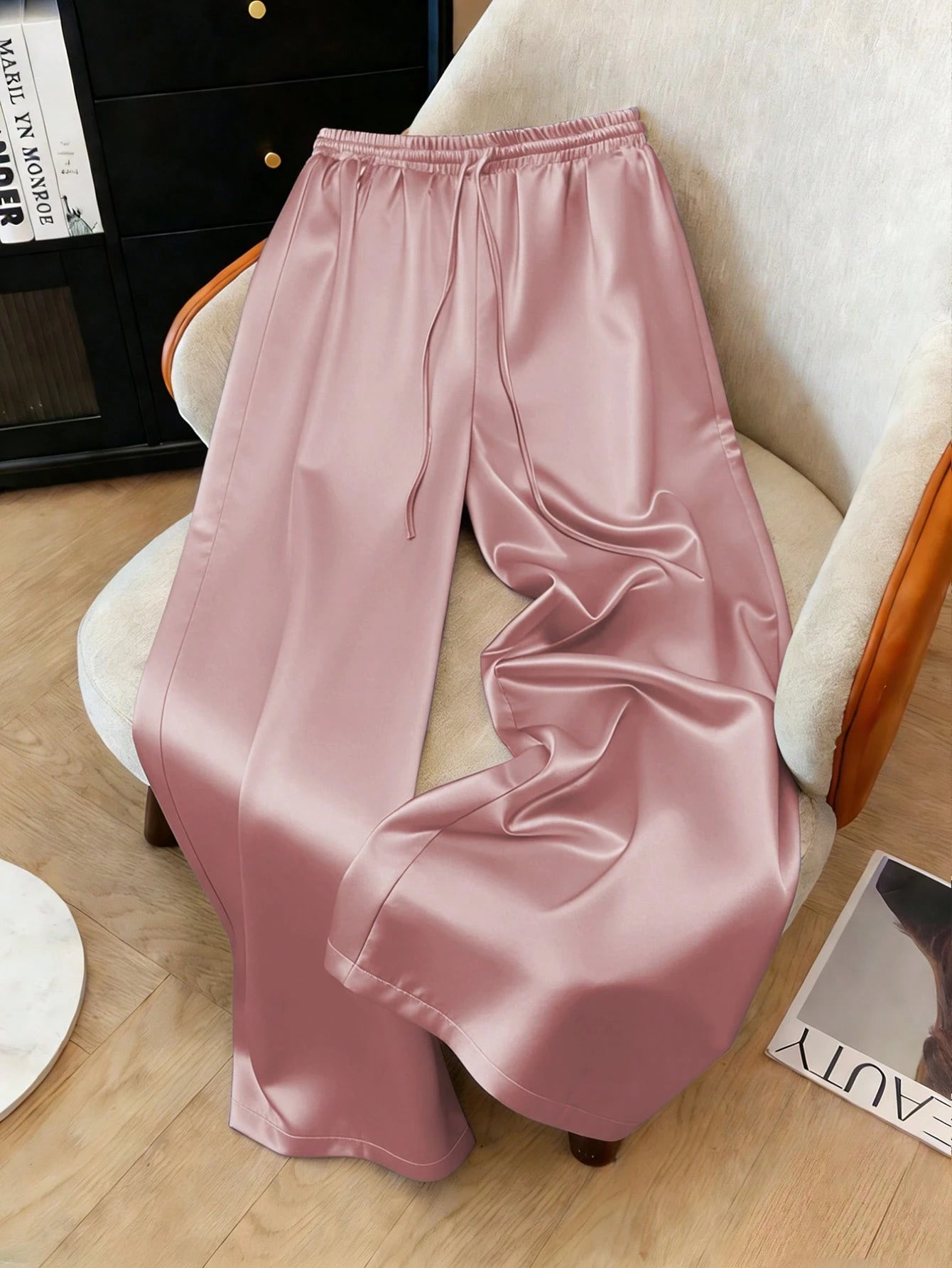 1pc Solid Color Woven Fabric Drawstring Waist Pants