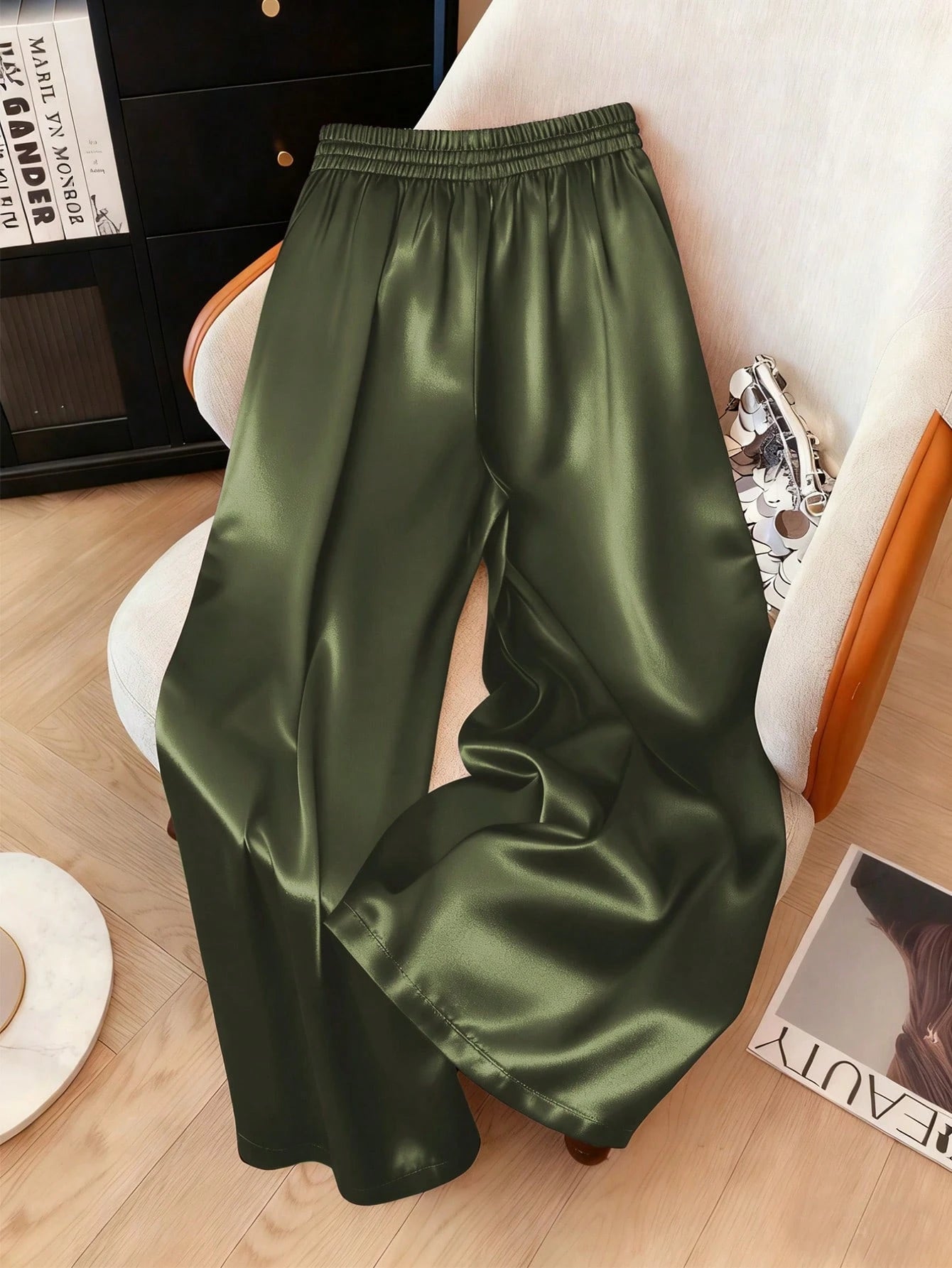 1pc Solid Color Woven Fabric Drawstring Waist Pants