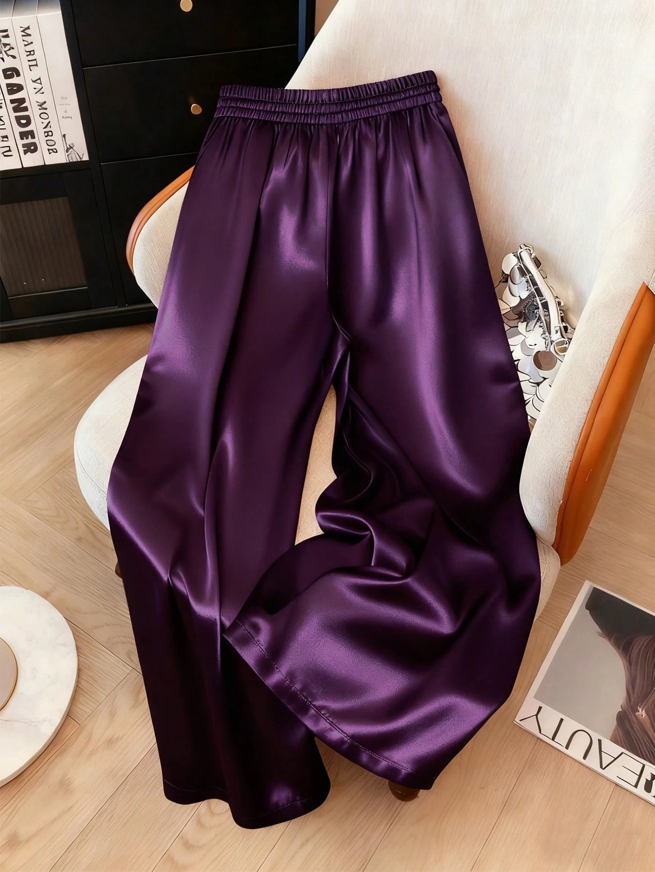 1pc Solid Color Woven Fabric Drawstring Waist Pants