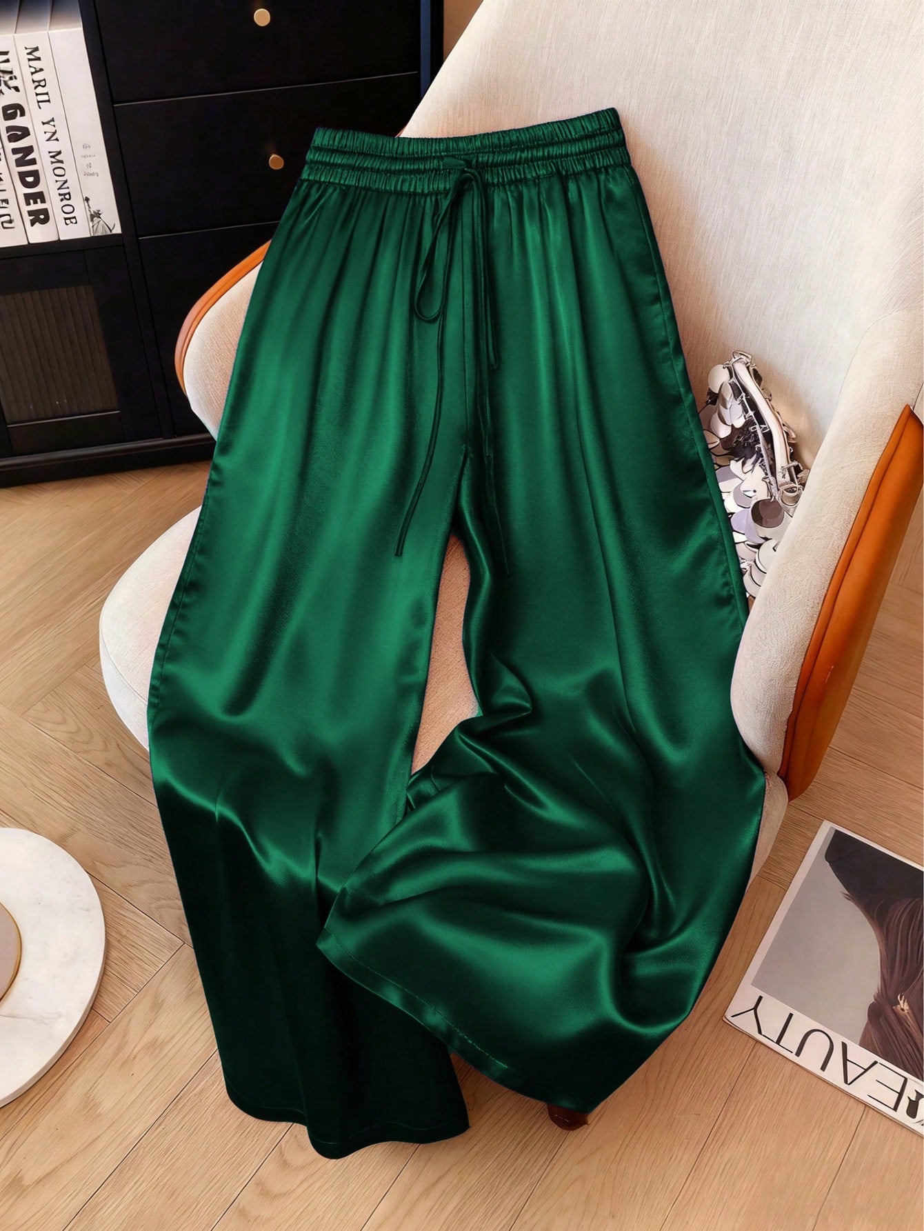 1pc Solid Color Woven Fabric Drawstring Waist Pants