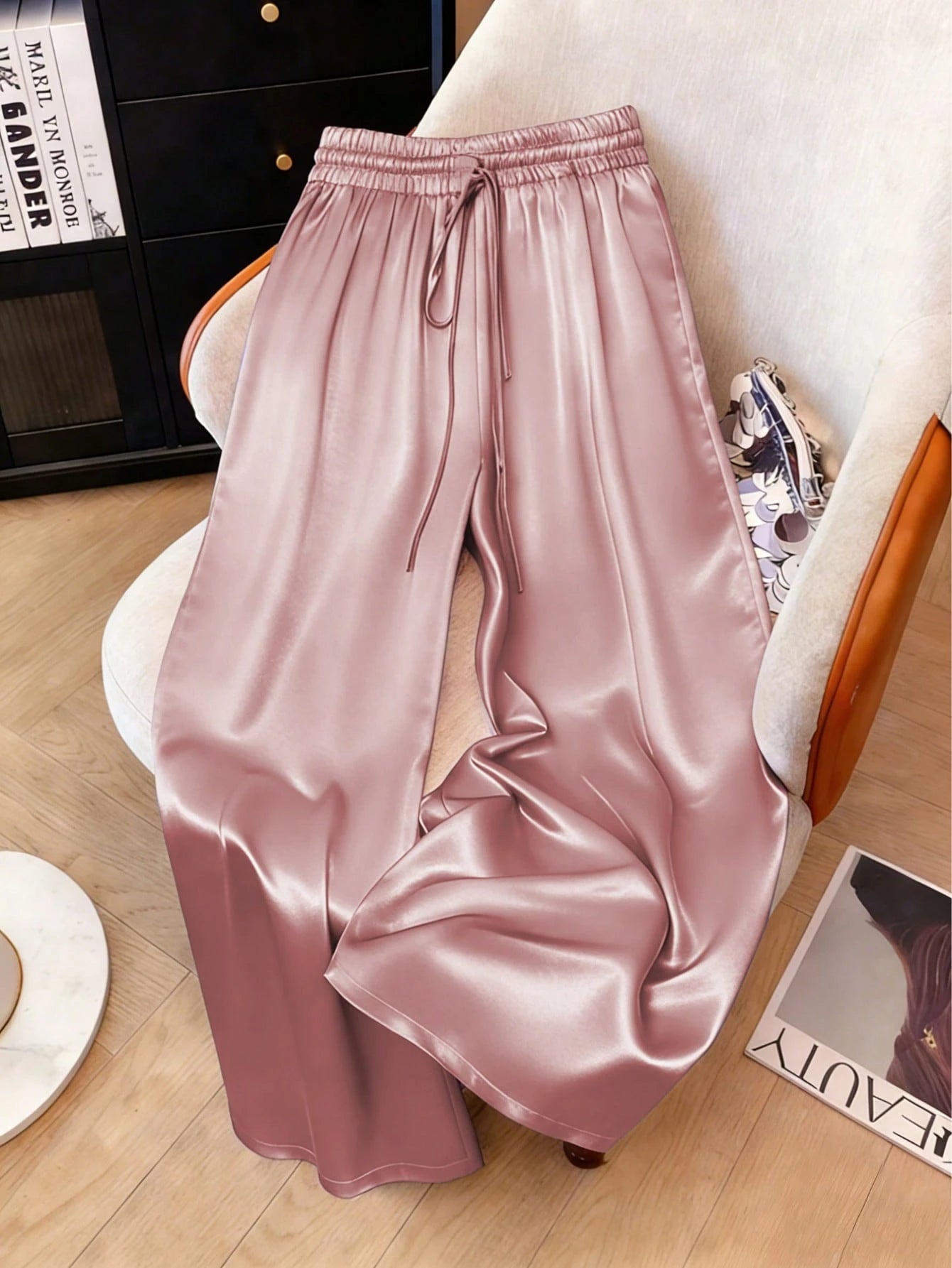 1pc Solid Color Woven Fabric Drawstring Waist Pants