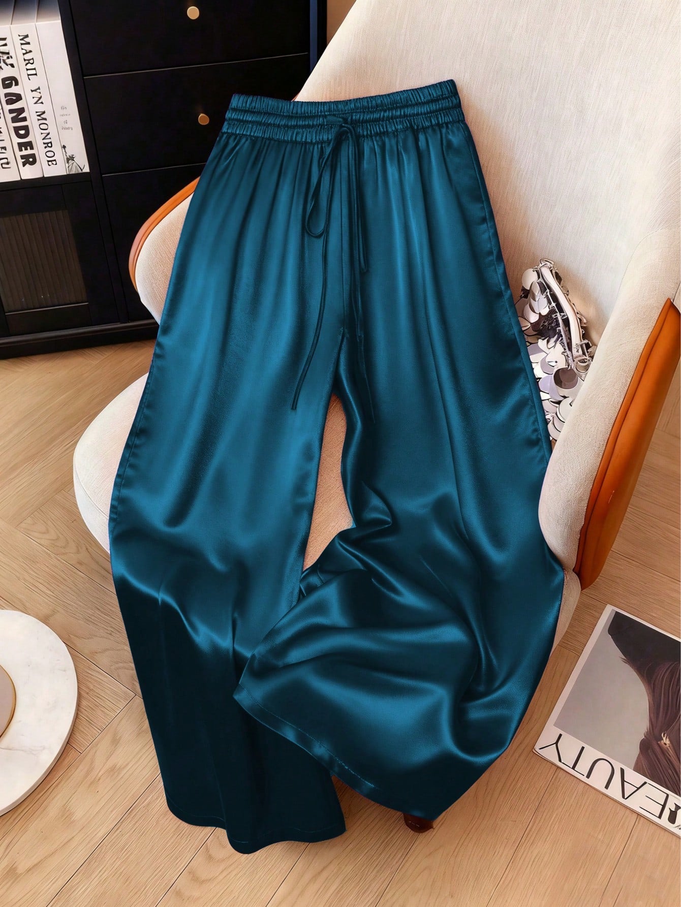 1pc Solid Color Woven Fabric Drawstring Waist Pants