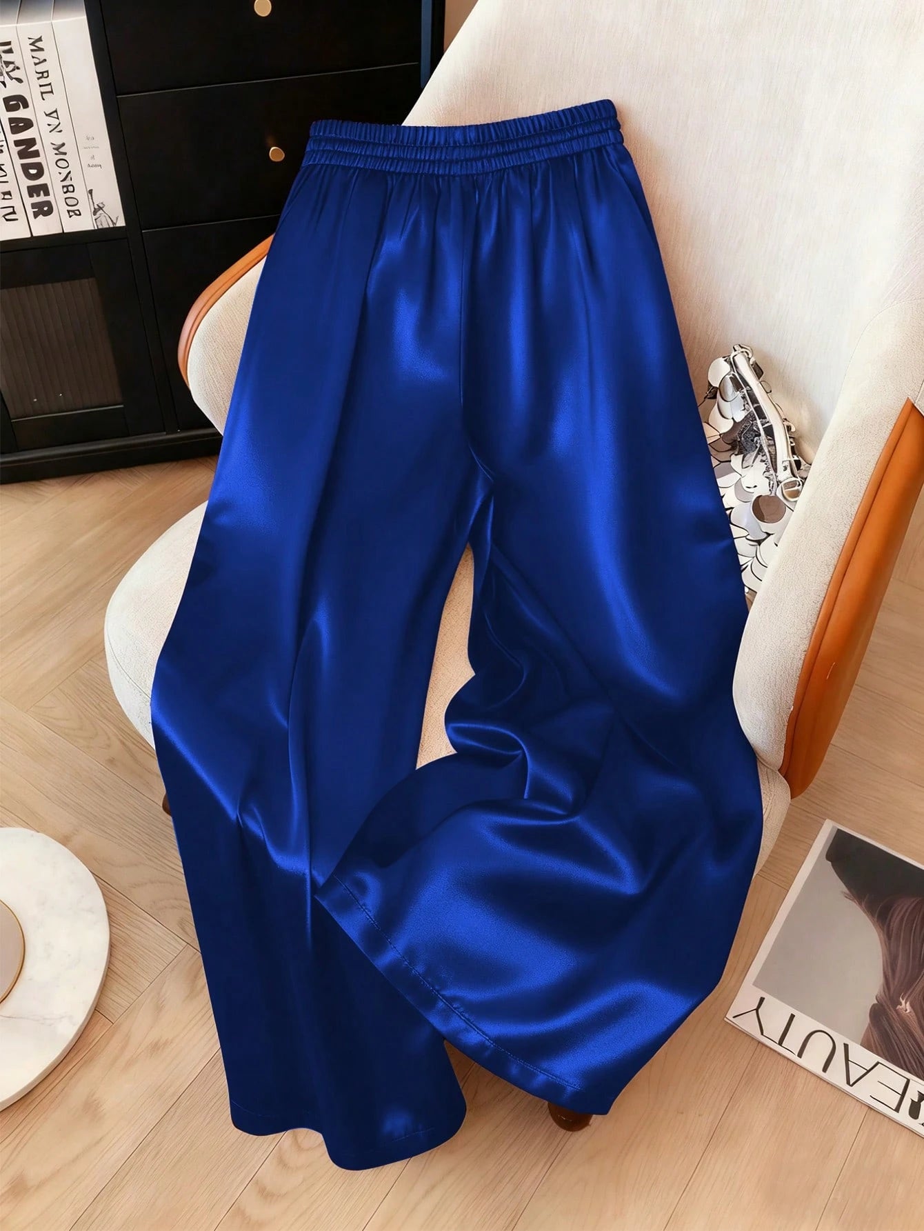 1pc Solid Color Woven Fabric Drawstring Waist Pants