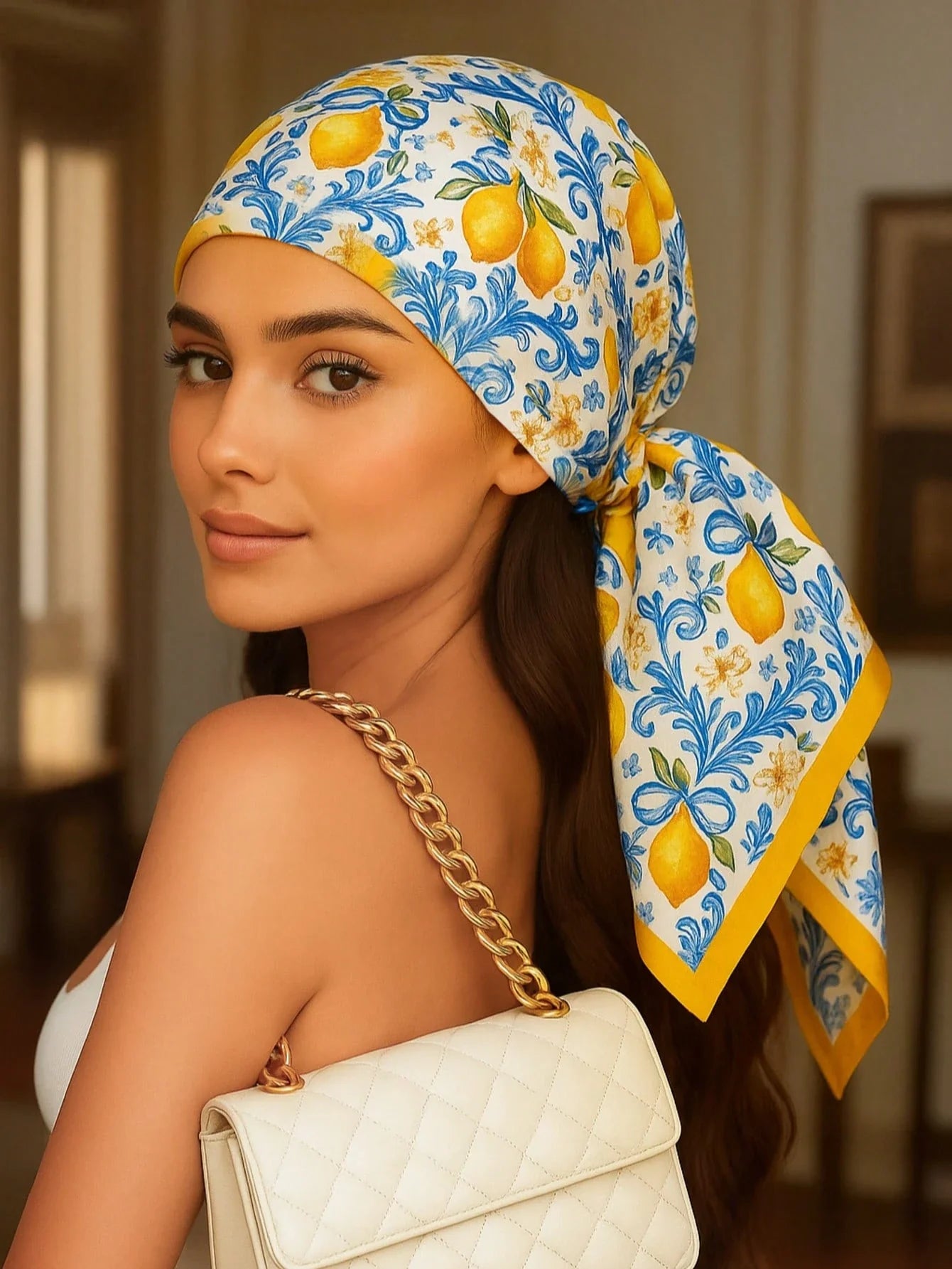 Square Silk Scarf With Lemon Print shein