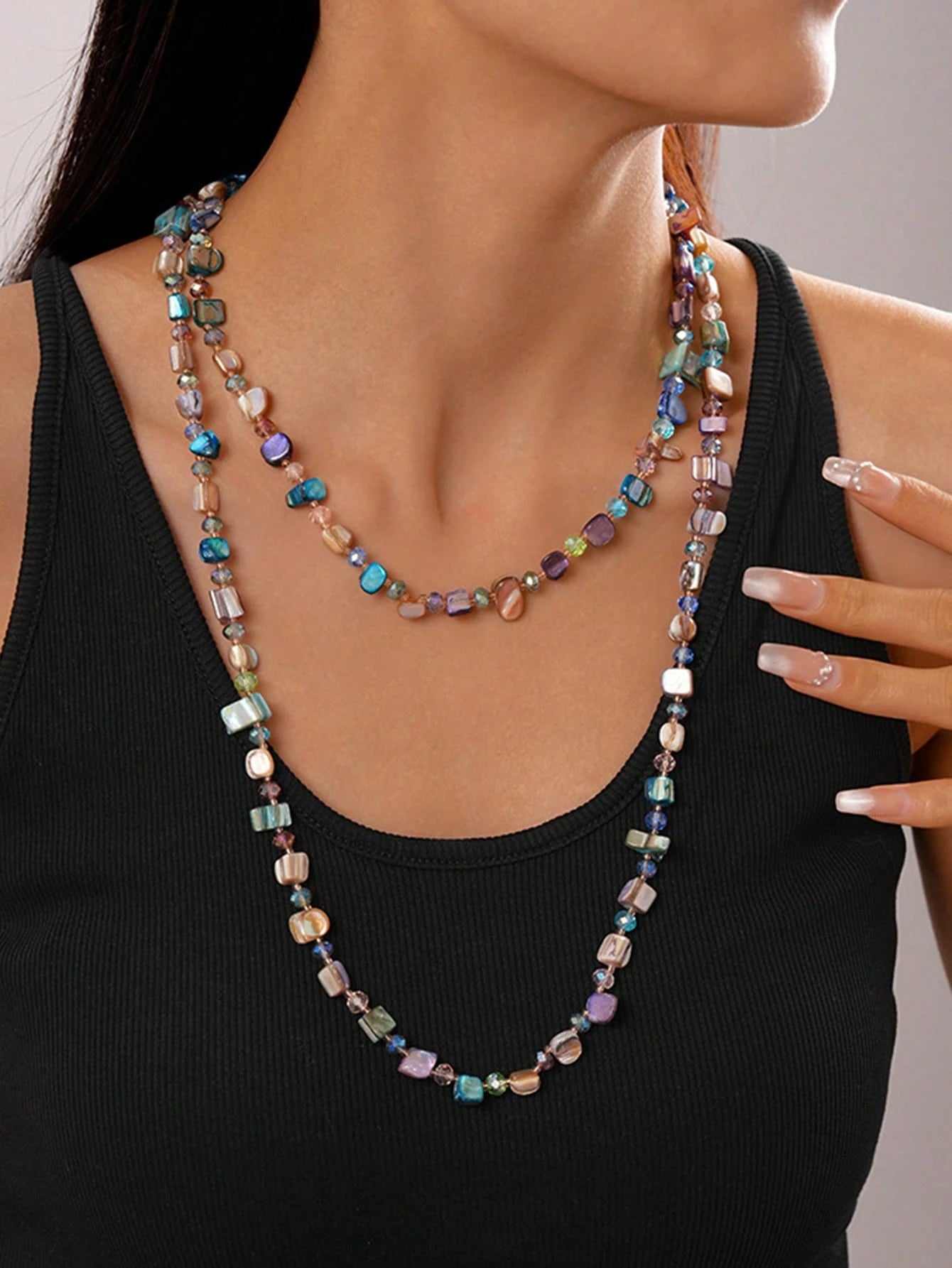 Bohemian Style Colorful Random Size Shell Beaded Sweater Chain Necklace shein