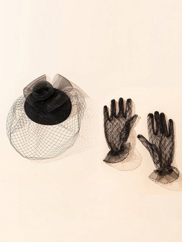 1pc Women Fashion Mesh Flower Decor Elegant Hat & 1Pair Full Finger Gloves